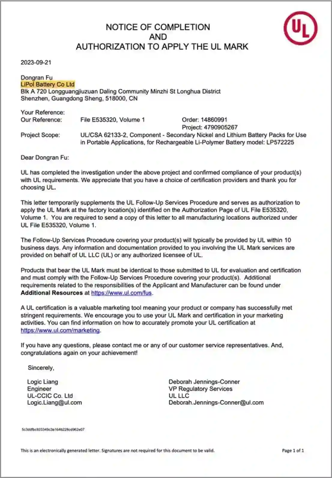 UL certificate LiPol Battery Co. Ltd.